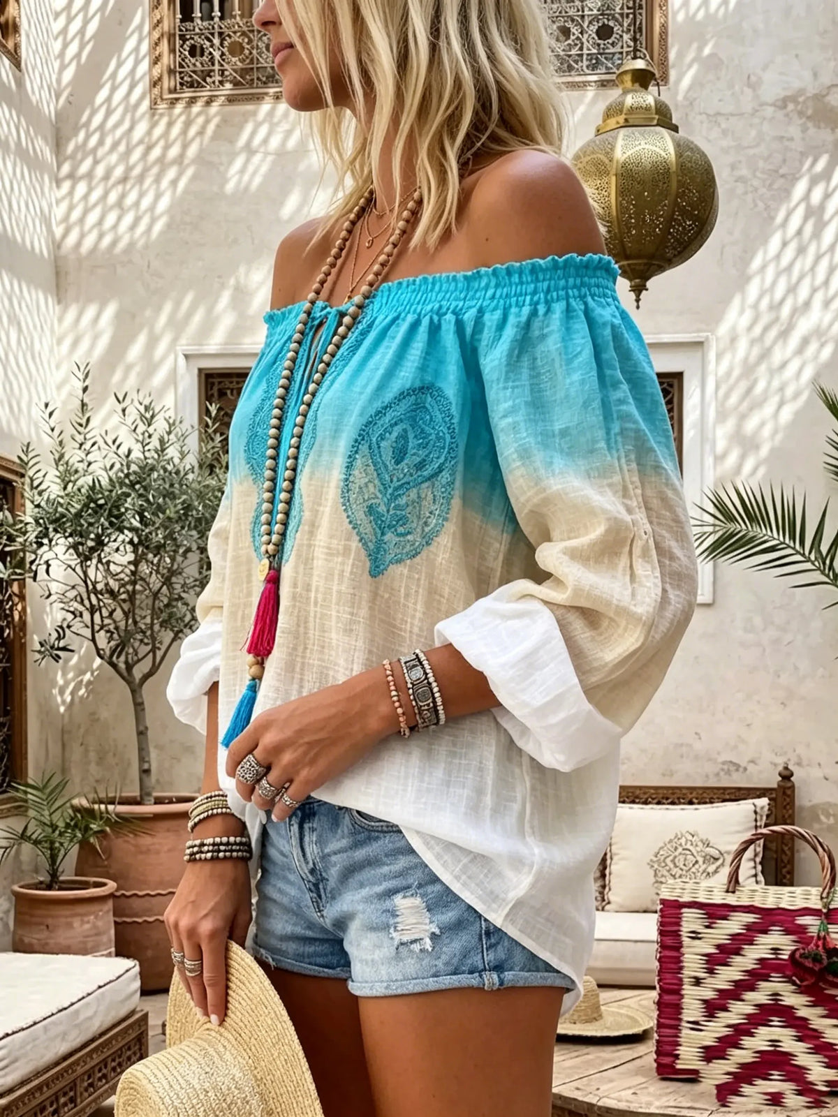 Bohemian Azure Ombre Off-Shoulder Tunic