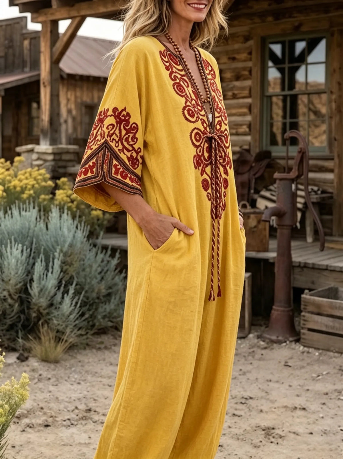 Boho Ethnic Print Tie Front Wide Leg Jogger Jumpsuit