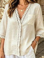 Women Solid Cutout Lace Patch V-Neck 3/4 Sleeve Blouse