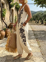 Vintage Rose Print Sleeveless V Neck Baggy Jogger Jumpsuit