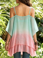 Women Ombre Tie Dye Cold Shoulder Ruffle Hem Chiffon Top