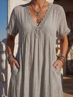 Vintage Art Comfortable Summer Fabrics Cotton Linen Patchwork Lace Dress