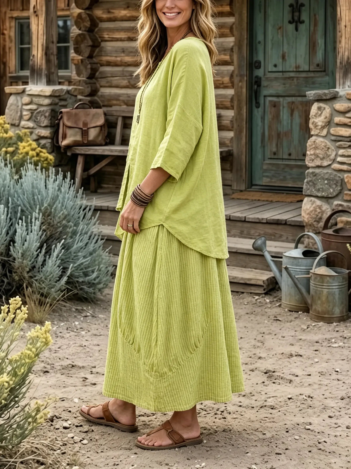 Women's Solid Linen Two Piece Top Skirt Set