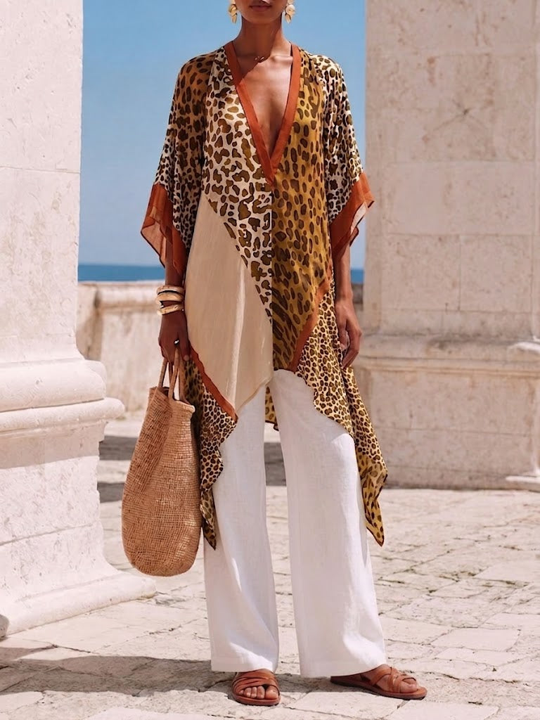 Loose, Comfortable Chiffon Top With Animal Print Paneling
