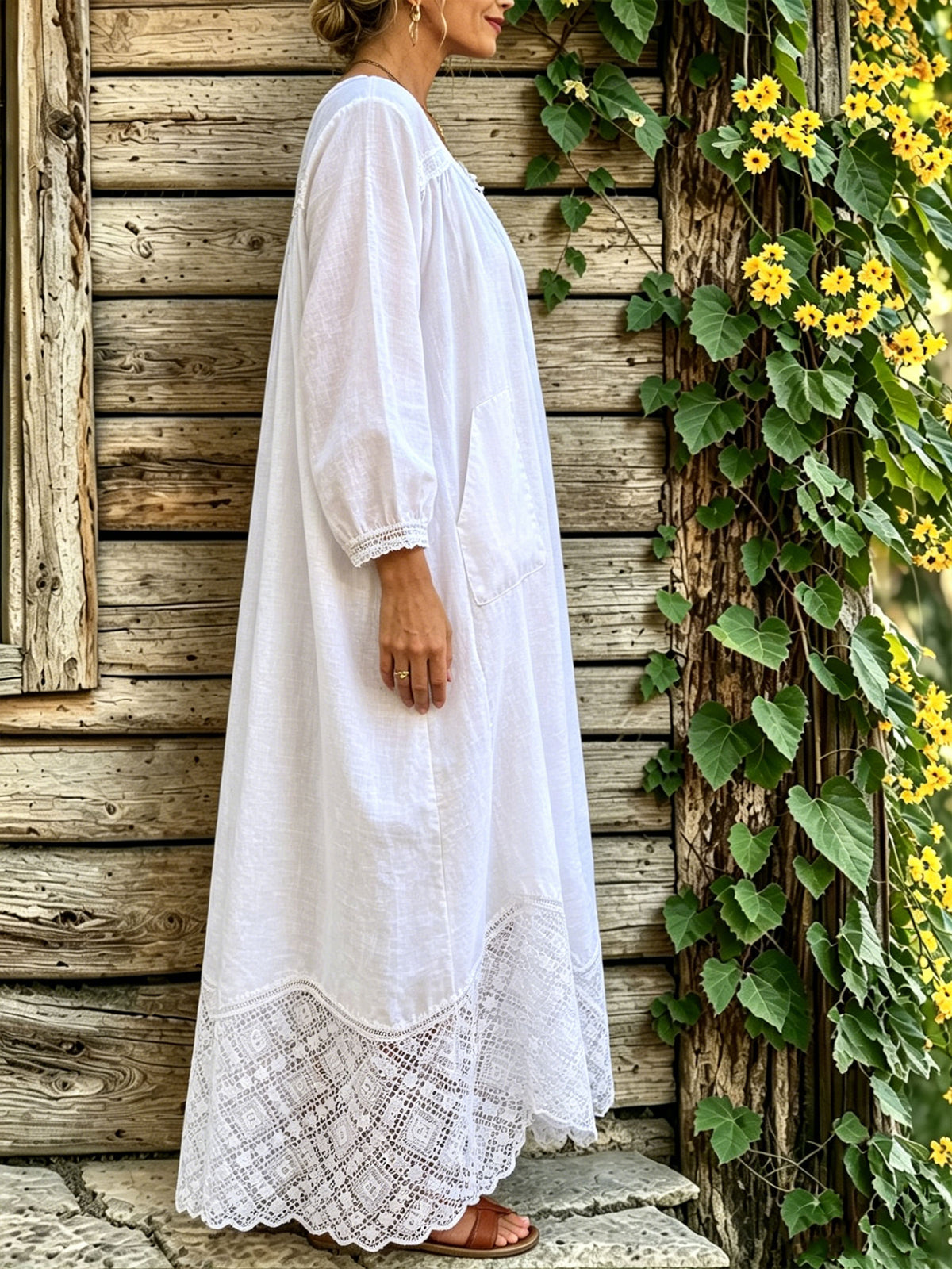 Women’s Casual Cotton Loose Long Sleeve V Neck Lace Paneling Pocket Dress