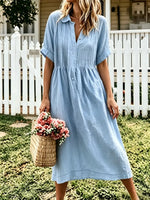 Women's Solid Front Pleated Collar Button Down Roll Sleeve Linen Midi Dress