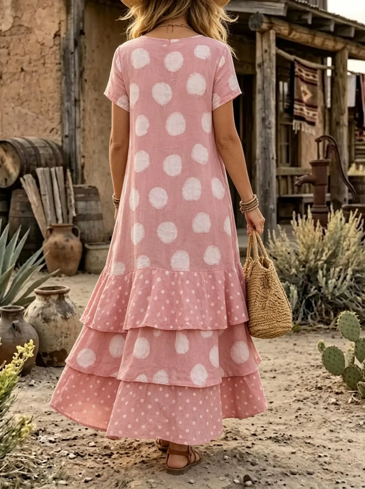 Rustic Polka Dot Tiered Ruffle Maxi Dress