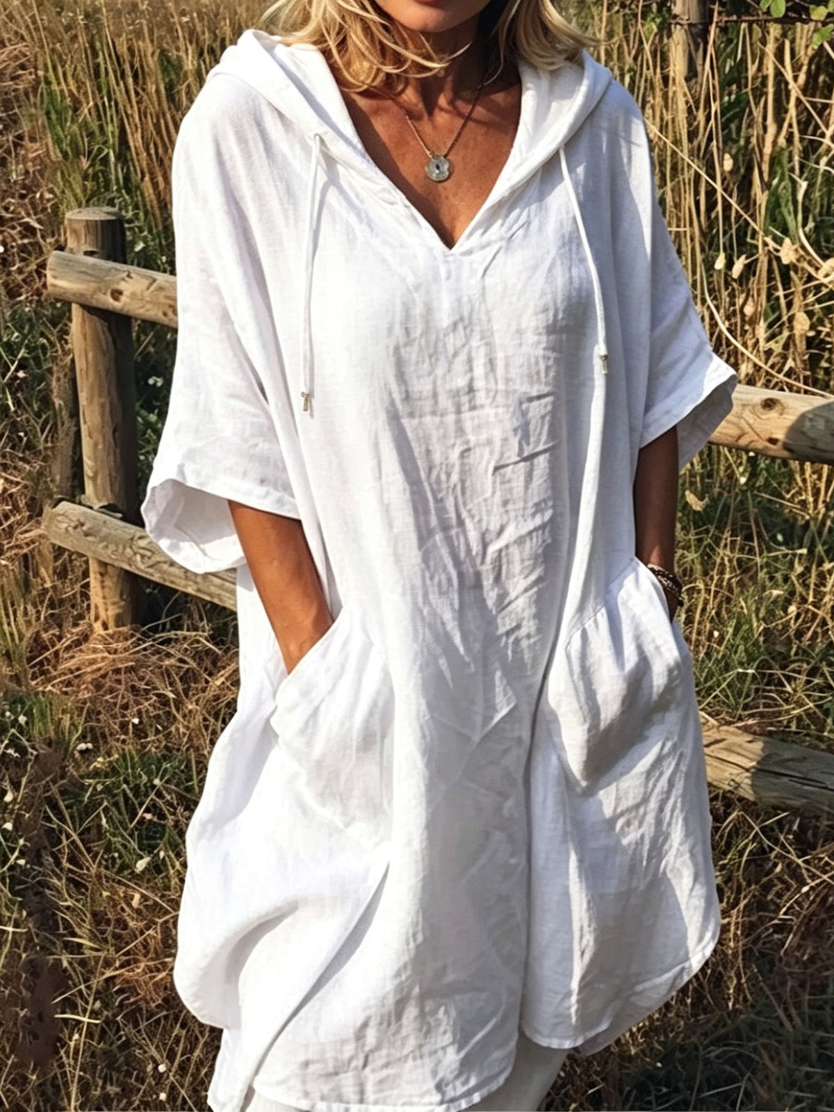Women’s Casual Short Sleeve Oversize V Neck Pocket Hoodie Dress