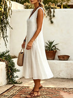 Women Solid Lace V Neck Button Down Pleated Sleeveless Midi Dress