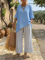 Women's Blue Asymmetrical Tunic and Striped Pants Set
