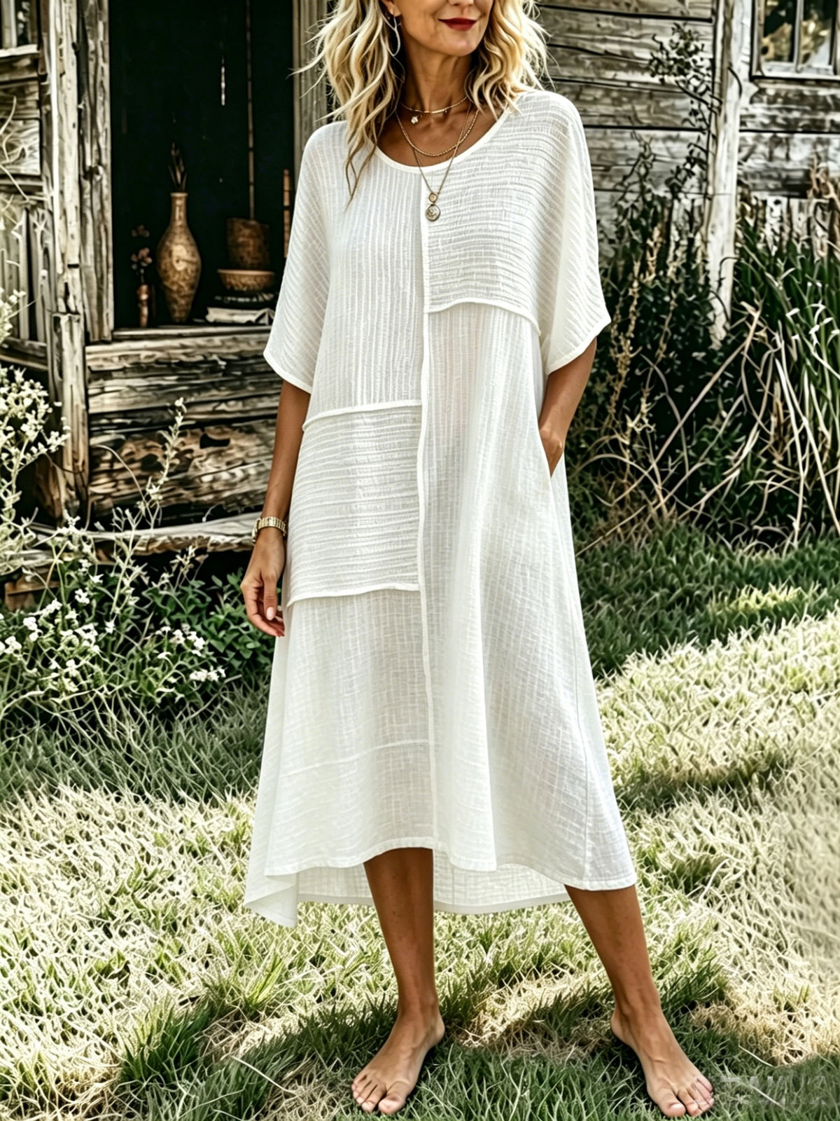 Women's White Textured Patchwork Linen Loose Short Sleeve Casual Dress With Pockets