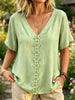 Women’s Sage Green Floral Lace V-Neck Short Sleeve Casual Blouse