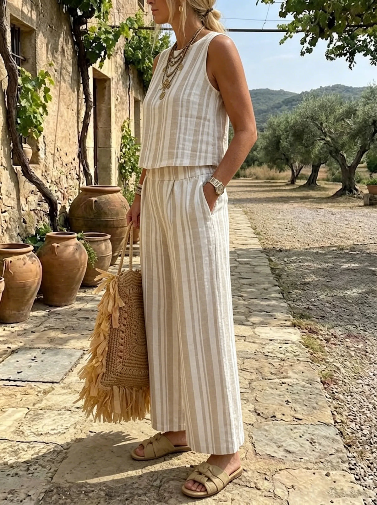 Women's Beige Striped Sleeveless Linen-Blend Set