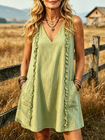 Women's Solid V-Neck Side Ruffle Pocket Sleeveless Mini Dress