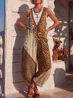 Vintage Art Comfortable Summer Fabrics Sleeveless Patchwork Leopard Print Chiffon Jumpsuit