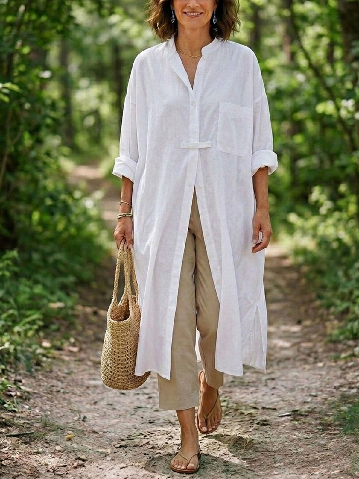 Womens White Stand Collar Long Linen Shirt, Roll Sleeve Pocket Oversized Tunic Blouse