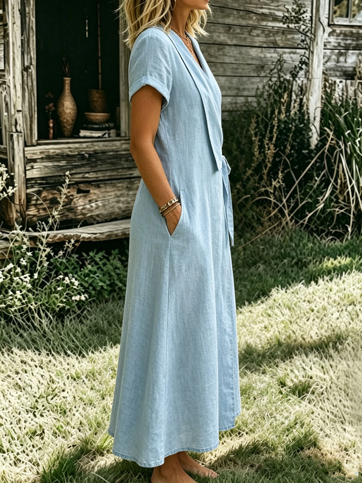 Women’s Casual Cotton Short Sleeve Lapel V-neck Pocket Maxi Dress