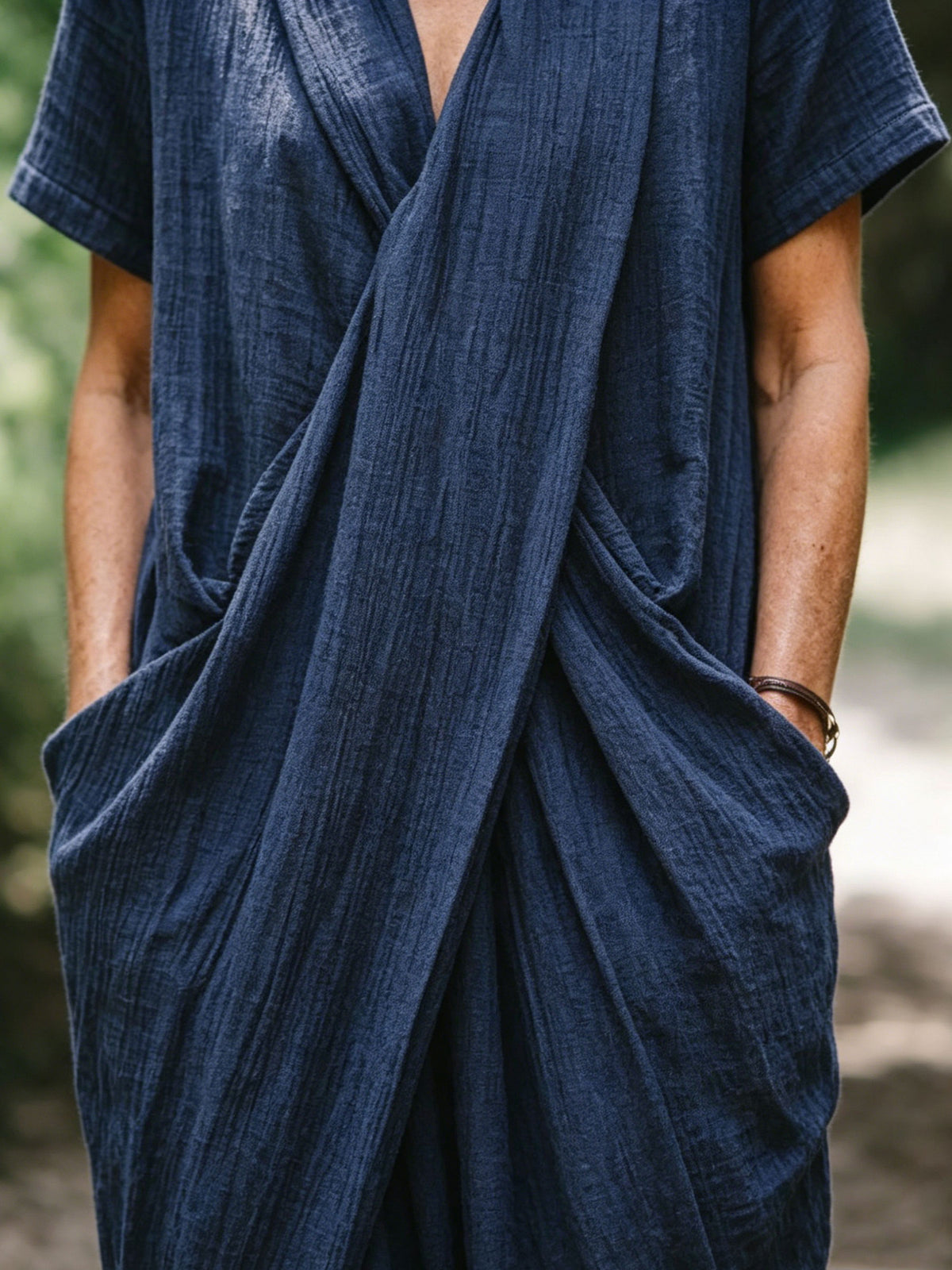 Women Vintage Loose Textured Linen Wrap Long Dress Short Sleeve Pocket Casual Dress