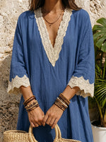 Women's Boho Lace Trim Cotton Linen Kaftan Maxi Dress