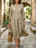 Women's Solid Mandarin Collar Half Placket 3/4 Sleeve Tiered Linen Midi Dress