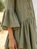Solid Textured 3/4 Flare Sleeve Ruffle Hem Linen Cardigan