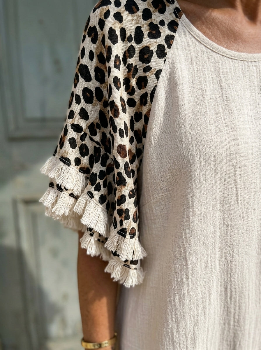 Women’s Leopard Print Raglan Fringe Sleeve Cotton Linen Midi Dress