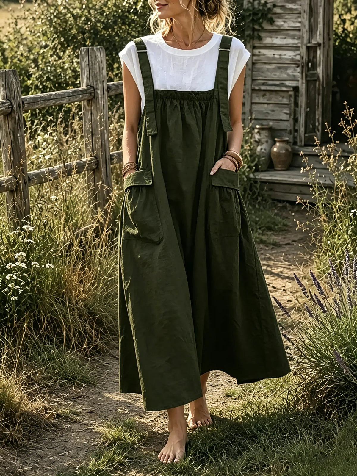Women's Solid Textured Cargo Pocket Pinafore Maxi Dress