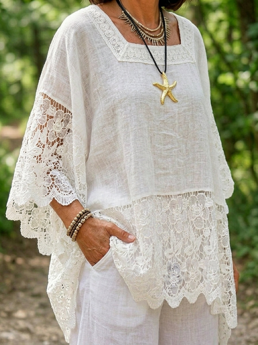 Women’s Square Neck Floral Lace Batwing Sleeve Cotton Linen Tunic