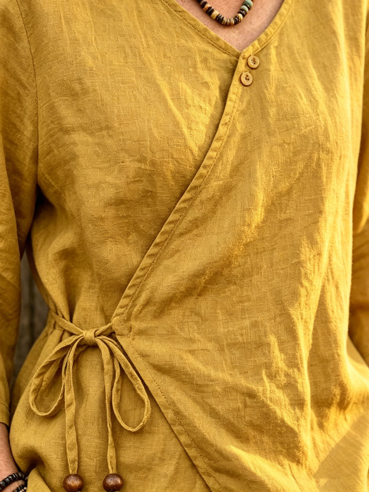 Women’s Mustard Yellow Wrap V Neck Linen Blouse, Side Tie 3/4 Sleeve Casual Shirt