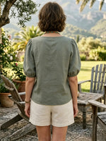 Women's Solid Square Neck Puff Short Sleeve Loose Linen Top