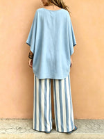 Women's Solid Loose V-Neck Top & Blue White Stripe Wide Leg Pants Set
