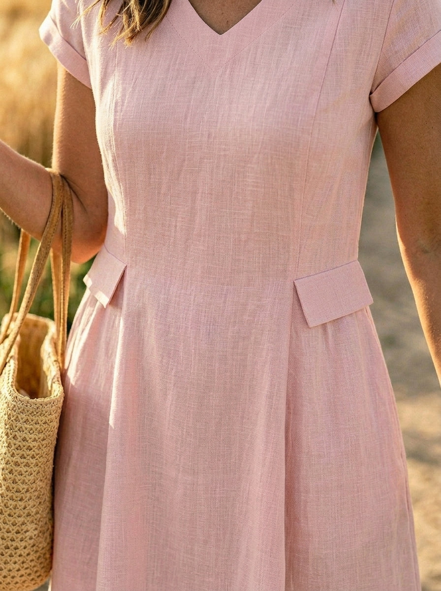 Women’s Casual Cotton Short Sleeve V-neck Pocket Maxi Dress