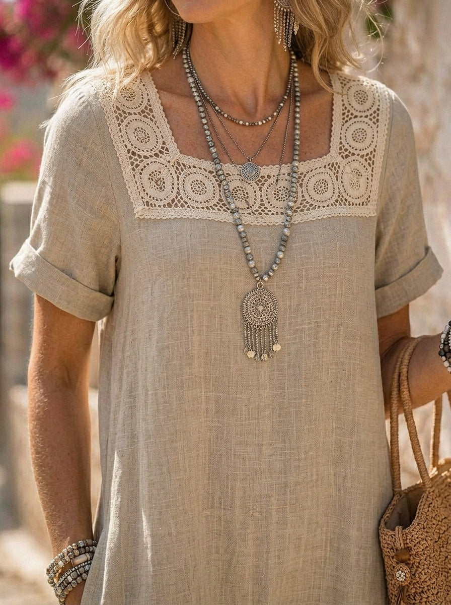 Women’s Square Neck Lace Trim Linen Midi Dress With Pockets