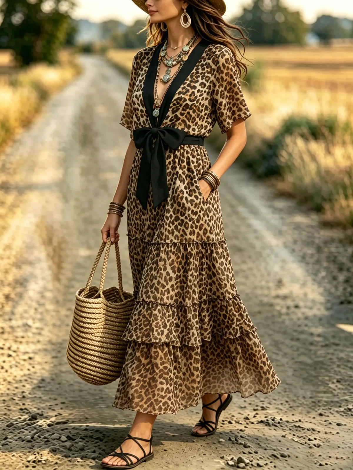 Women's Leopard Print Bow Tie Layered Dress