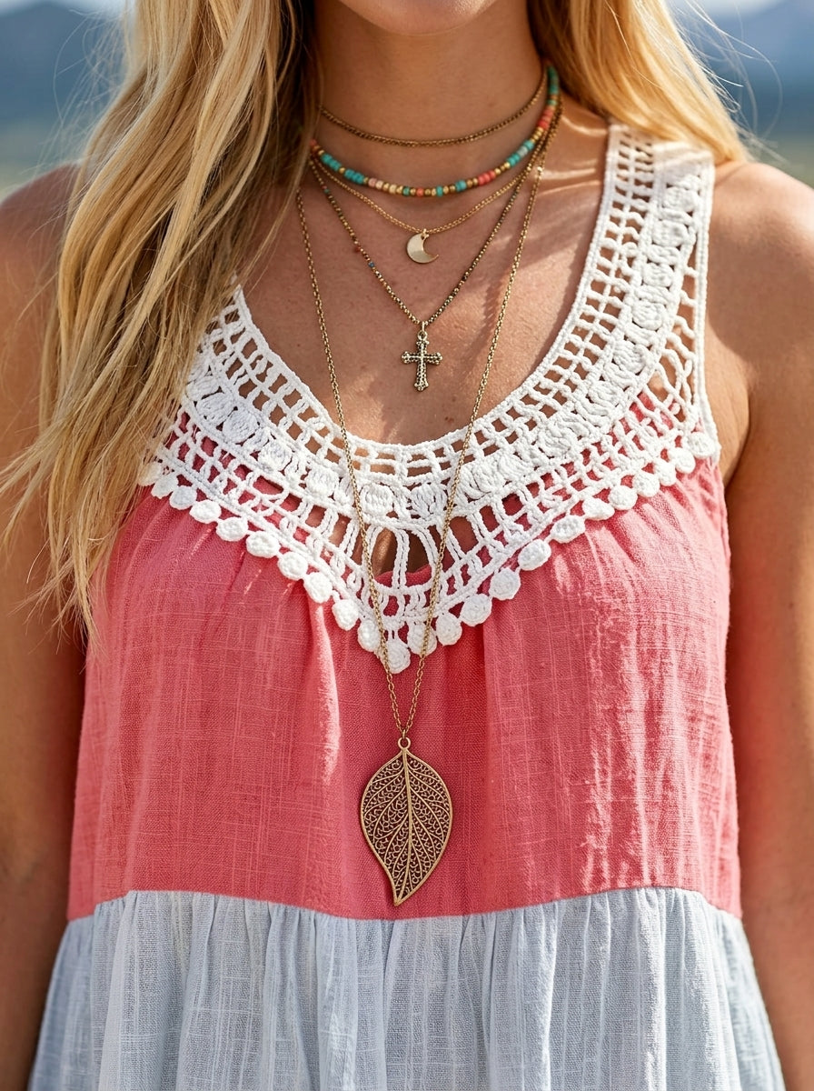 Women's Crochet Neck Color Block Striped Ombre Tiered Sleeveless Maxi Dress