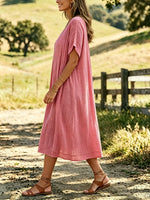 Women's Solid-Color Textured V-Neck Short-Sleeve Loose Midi Dress