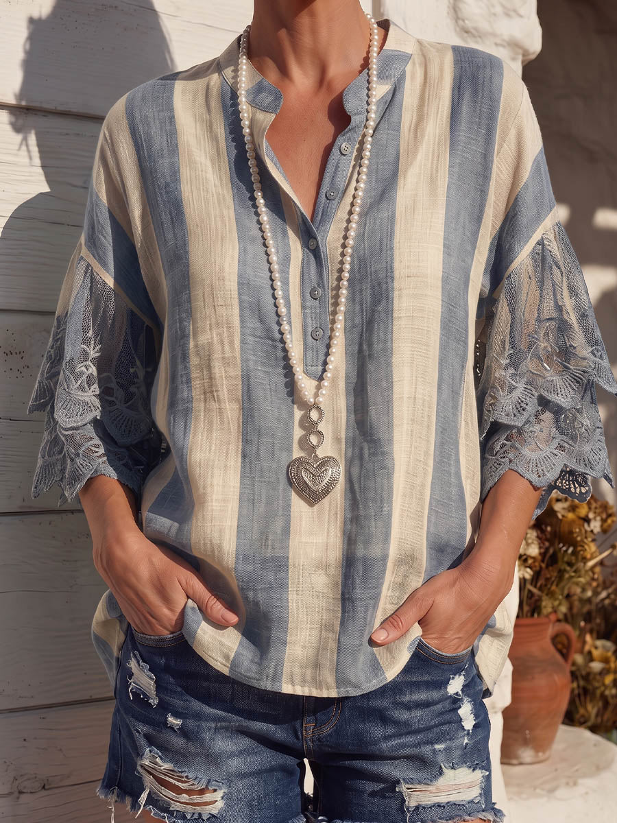 Vintage Art Comfortable Summer Fabrics Stripe Print Chiffon Shirt
