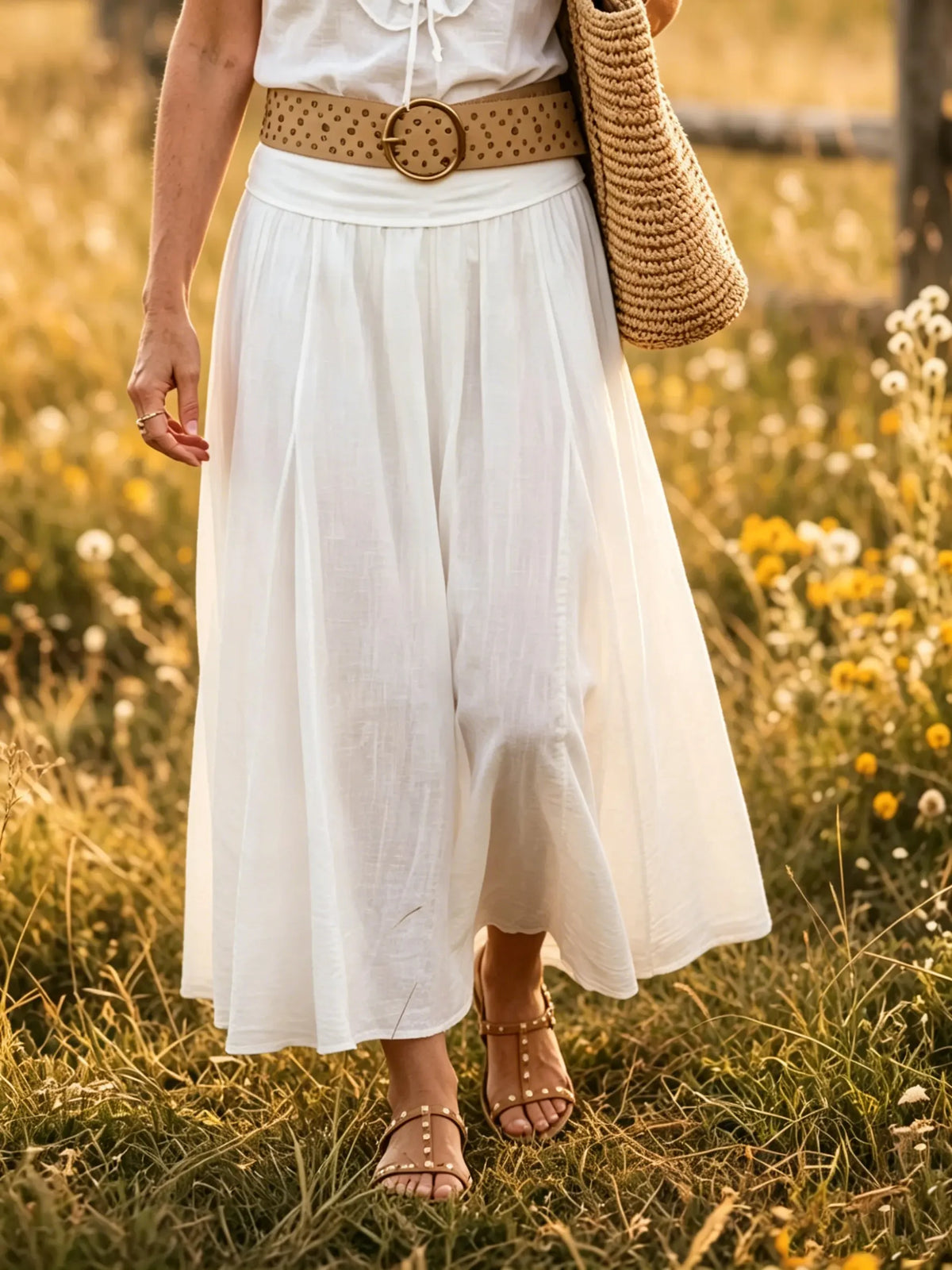 Women's Solid Flowy Elastic Waist Cotton Maxi Skirt