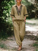 Womens Stripe Trim Linen Two Piece Set, Collar V Neck Half Sleeve Top & Drawstring Jogger Pants Outfit