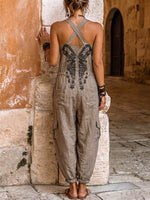 (Ships in 24Hrs)Women's V-neck Sleeveless Wide-leg Jumpsuit — Casual, Loose-fit Cotton-linen Blend With Placement Print