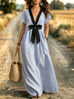 Women's Striped V-Neck Bow Maxi Dress