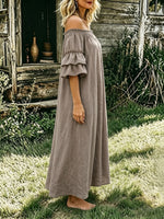 Women's Boho Off-shoulder Linen Blend Maxi Dress – Loose Fit Ruffle Sleeve Country Cottage Dress With Pockets