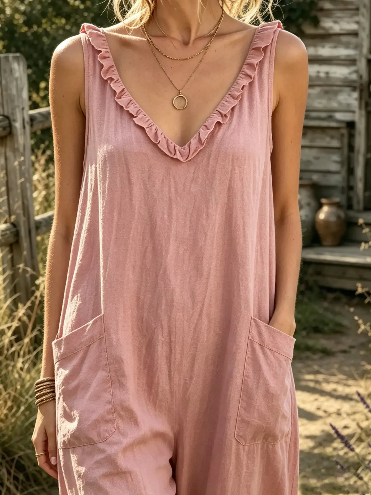 Women's Solid Textured Ruffle V-Neck Dual Pocket Loose Sleeveless Jumpsuit