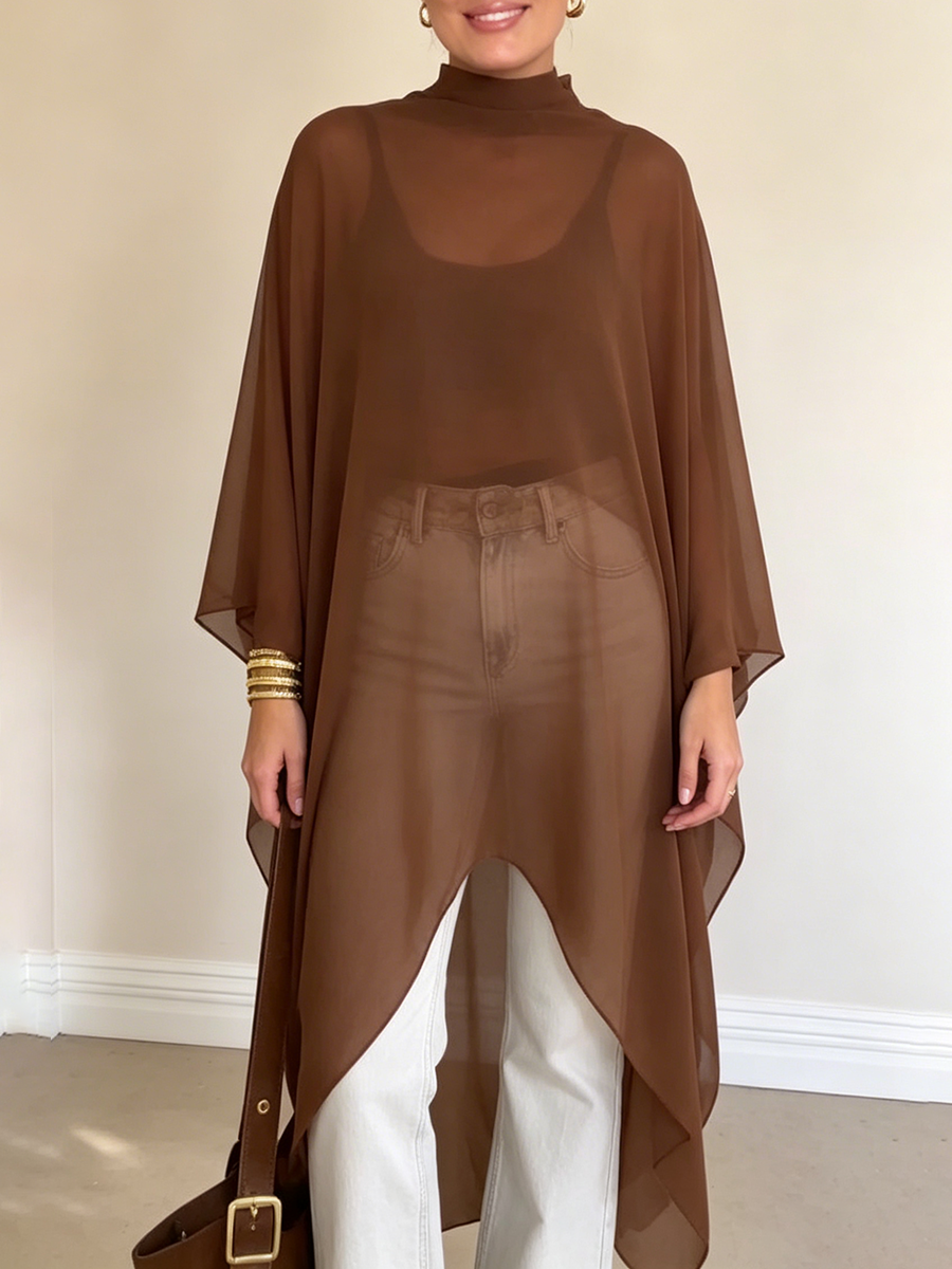 Elegant Mock-neck Asymmetrical Chiffon Cape Top