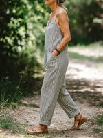 Womens Striped Linen Spaghetti Strap Jumpsuit, Loose Cuffed Ankle Overalls with Side Pockets