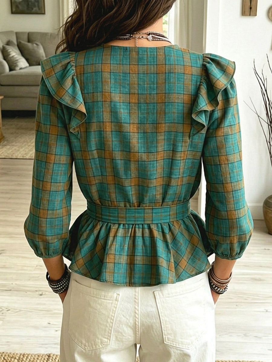 Women's Plaid Pattern Ruffled Art Casual Stylish Cotton Linen Shirt