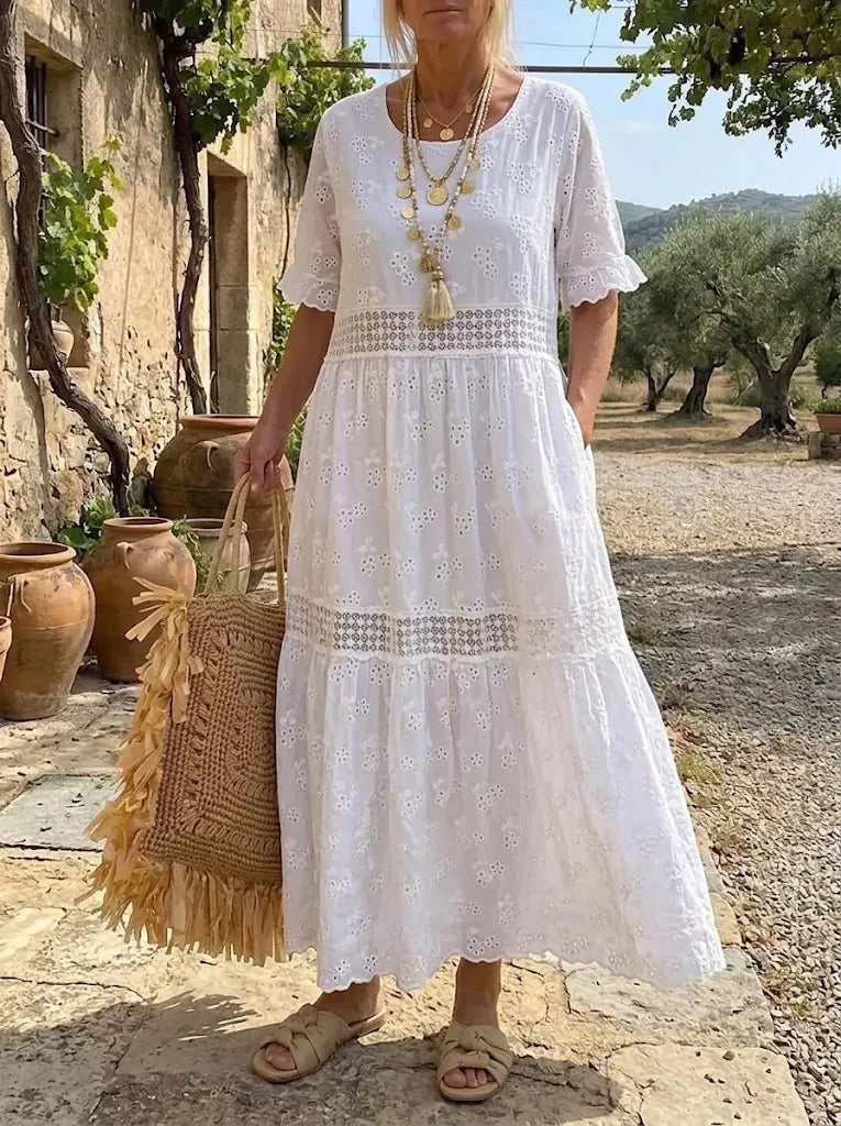 Vintage Eyelet Floral Tiered White Dress