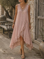 Women's Solid Crochet Lace Panel Irregular Ruffle Sleeveless Maxi Dress