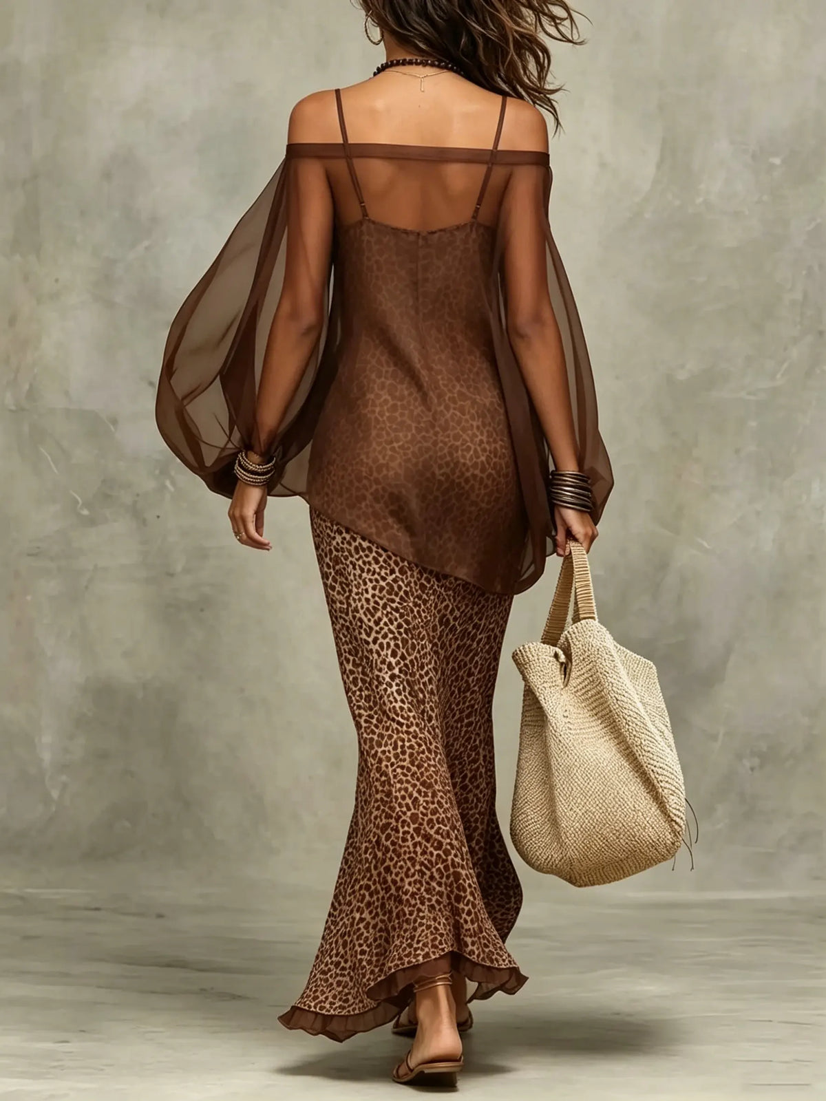 Women's Sheer Chiffon Lantern Sleeve Top & Fitted Leopard Skirt Set