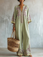 Boho-chic Sage Green Cotton-linen Jumpsuit